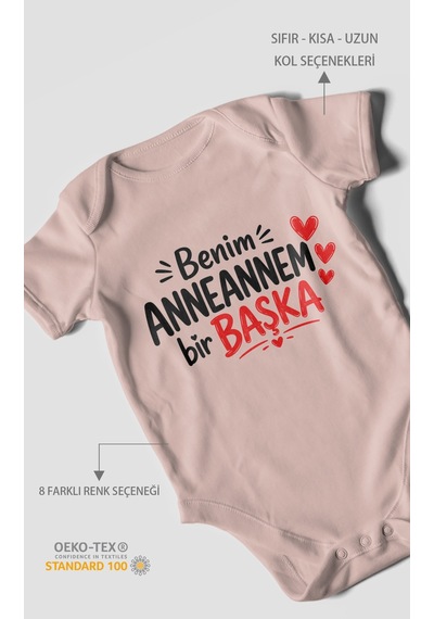 Morivokids Anneannem Bir Başka Kısa Kollu Bebek Body %100 Pamuk Pastel Pembe
