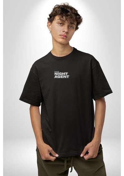The Night Agent Siyah Oversize Unisex Ön Orta Minimal Baskılı Tişört Siyah