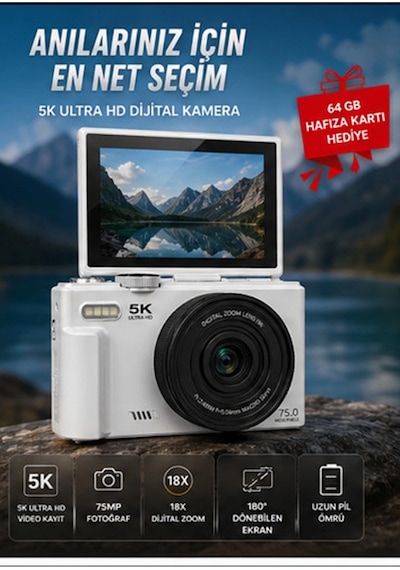 Mep 5k 75mp Hd Dijital Kamera 18x Dijital Zoom, Flaşlı,3.0 İnç Ekranlı Fotoğraf Makinesi Najmaddin