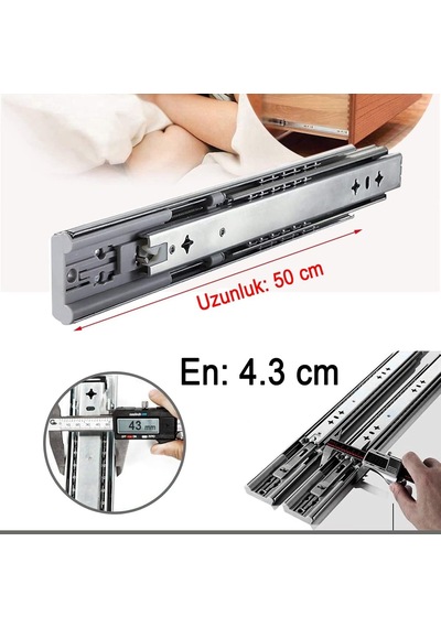 1 Çift Frenli Teleskopik Çekmece Rayı Bilyalı Dolap Çekmecesi Ray Metal En 4.3 Cm Uzunluk 50 Cm Diğer