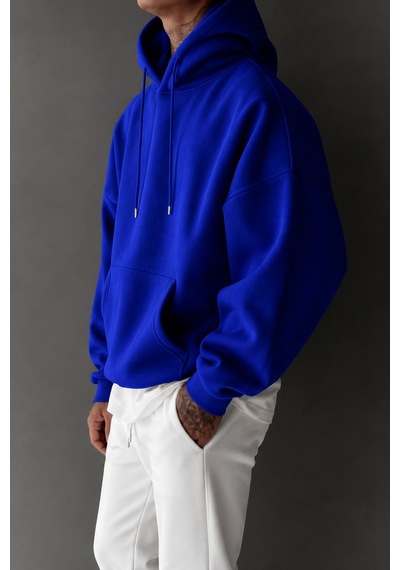 Tarz Cool Regular Kapüşonlu Sweatshirt Erkek Unisex 3 İplik Şardonlu %100 Pamuk Basic Hoodie Mavi