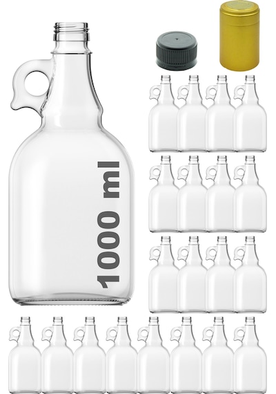 Afracam Galon Şeffaf 1000 ML Kilitli Kapaklı Ve Kapüşonlu Boş Cam Şişe 20 Adet