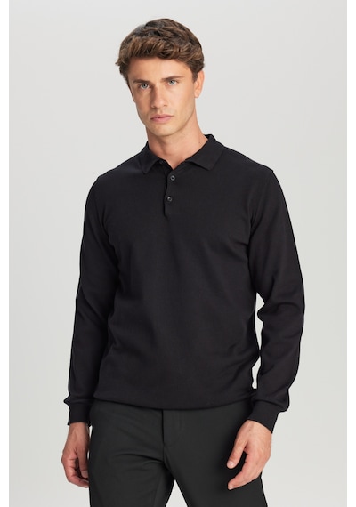 AC&Co / Altınyıldız Classics Erkek Sıyah Pamuklu Standart Fit Normal Kesim Polo Yaka Triko Kazak SIYAH