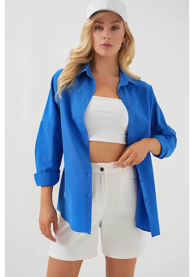 Bigdart Oversize Uzun Basic Mavi Kadın Gömlek 3900 Mavi