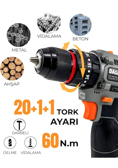 Dager BOLT 16.8V Kömürsüz Darbeli Şarjlı Matkap Vidalama Seti | 60Nm | Çift Akü + 85 Parça Aksesuar + Hızlı Şarj | Gri Dager BOLT 16.8V Kömürsüz Darbeli Şarjlı Matkap Vidalama Seti | 60Nm | Çift Akü + 85 Parça Aksesuar + Hızlı Şarj | Gri