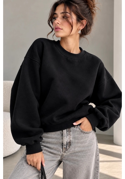 Bbbutikbasic 3 İplik Şardonlu Kısa Sweatshirt Bisiklet Yaka Kadın 3 İplik Şardonlu My3535 siyah