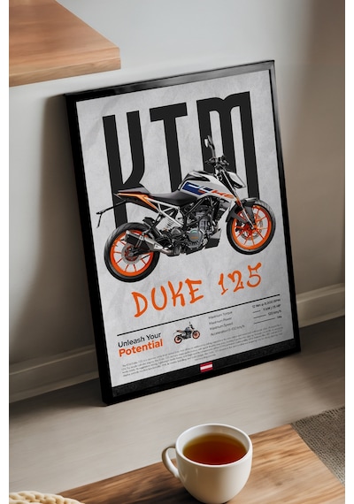 Ktm Duke 125 Siyah Ahşap Çerçeveli Poster, Dekoratif Motosiklet Duvar Tablosu