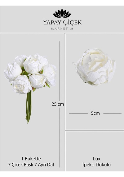 Beyaz Premium Yapay Peony Şakayık Çiçeği Buketi 7 Dallı Lüx İpeksi Dokulu 25 Cm