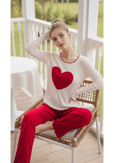 Bella Notte Kırmızı Nakışlı Kalp Detaylı Uzun Kollu Pijama Takımı