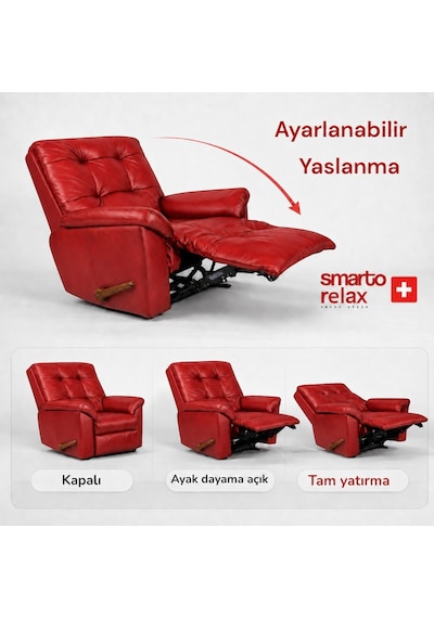 Smarto Relax Vıp Manuel Tv Koltuğu Gerçek Italyan Deri, Ceviz Ahşap Sırt Detaylı Baba Koltuğu Kırmızı