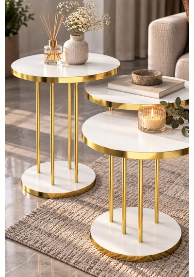 Sulorahome Beyaz Yuvarlak Zigon Sehpa Takımı - 3'lü Gold Ayaklı Beyaz - Altın