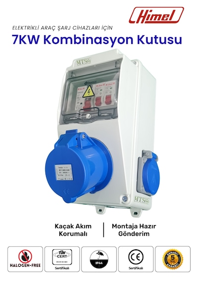 7.4kW Monofaze Himel Kombinasyon Kutusu 3x32A Tesla Mavi Adaptör Uyumlu Kaçak Akım Röleli