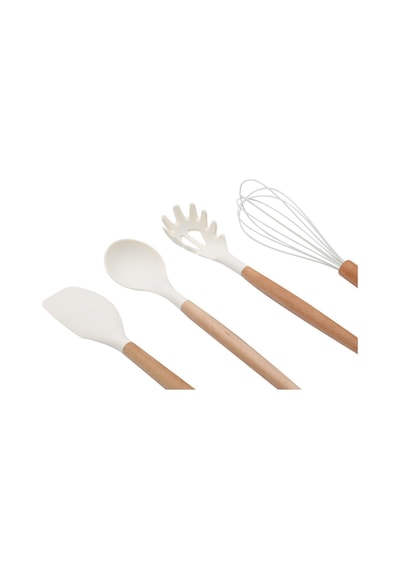 Qerhome 8 Parça Bambu Saplı Silikon Kepçe Spatula Mutfak Seti Krem