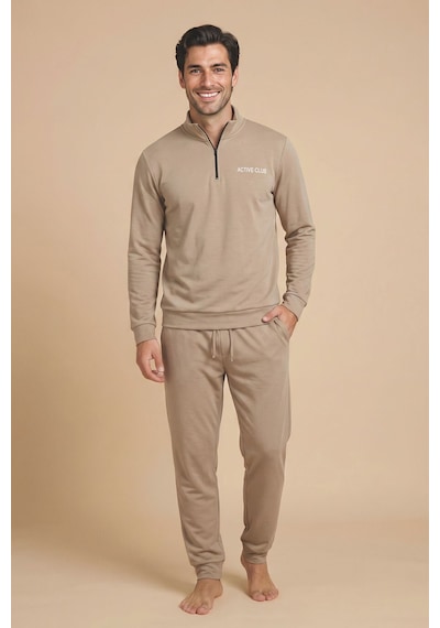 Wordex Mirano 3252 Erkek Fermuar Detaylı Kışlık Spor Eşofman Pijama Takımı Bej