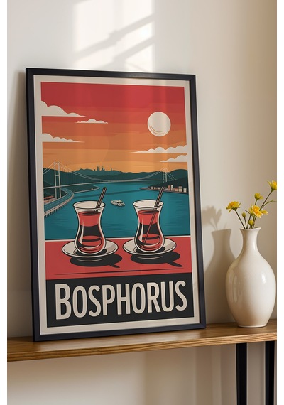 İstanbul Boğazı Tablo - Bosphorus Retro Travel Poster - Çay Keyfi Manzaralı Duvar Dekoru - Çerçeveli Siyah