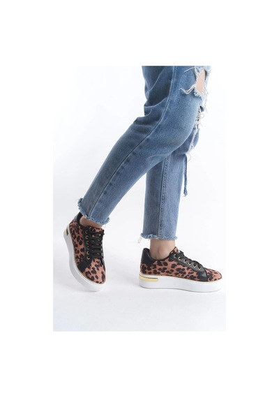 Mına Bağcıklı Ortopedik Taban Leopar Desenli Kadın Sneaker Spor Ayakkabı Tbt - Kahverengi Kahverengi