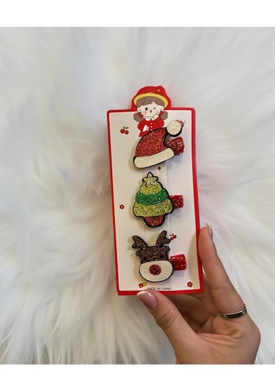 Yılbaşı Temalı Simli Çocuk Toka Seti Noel Şapkası, Çam Ağacı Ve Geyik Figürlü 3'lü Klips Toka-211 Çok Renkli