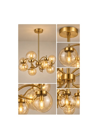 Modern Premium Avize Gold Gövdeli Amber Camlı 8'li Lüks Sarkıt Salon Avizesi 8xe14
