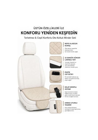 Ergonomik Cepli 3 Parça Oturak Deri Oto Minder Seti Bej