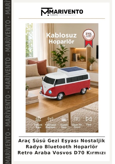 Araç Süsü Gezi Eşyası Nostaljik Radyo Bluetooth Hoparlör Retro Araba Vosvos D70 Kırmızı