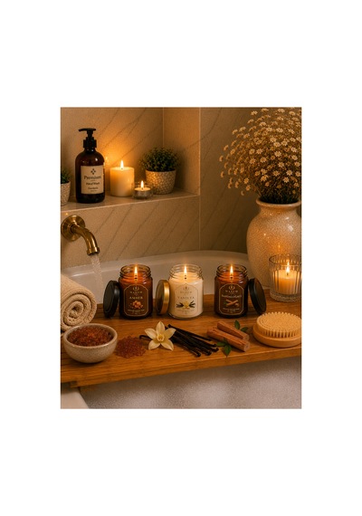 Premium Kokulu Mum 3'lü Set Vanilya Amber Sandal Ağacı El Yapımı Dekoratif Mum 3x150 G Beyaz