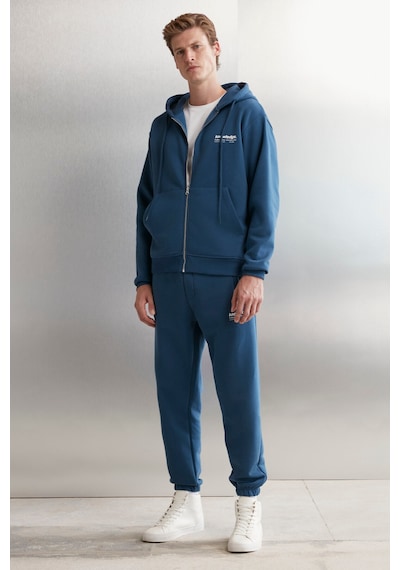 Grimelange Aksel Erkek Yumuşacık Organik Pamuk Oversize Fermuarlı Baskılı Kapüşonlu Mavi Sweatshirt Mavi