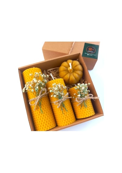 Petekoğlu Balmumu Mum Dekoratif Hediye Kutusu 4 Lü Set Doğal Petek Beeswax Candle Bal Kabağı Krem Yeşil Çiçekli Enerji Sınıfı A 000 Açık Krem