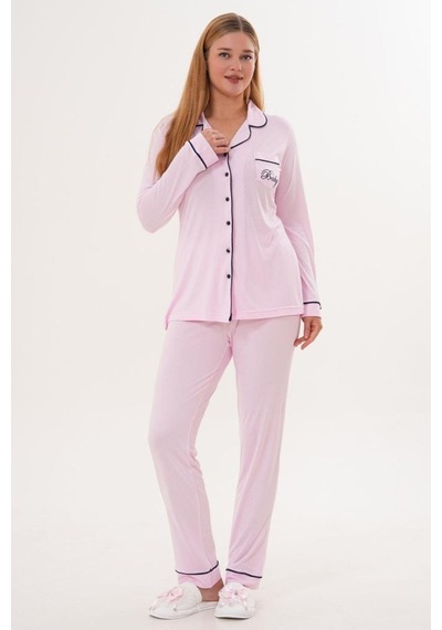 Mecit Pijama Mecit 6307 Pembe Boydan Düğmeli Kadın Pijama Takımı Pembe