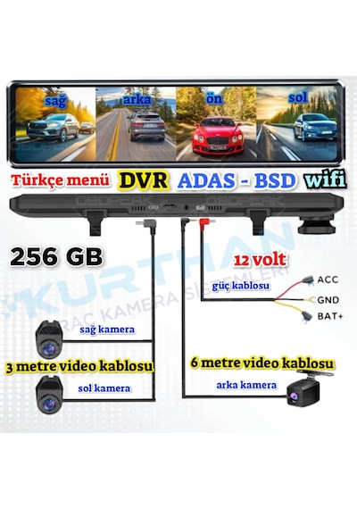 4 Kameralı 11.26'' Dokunmatik Dvr Ayna Monitör 256 Gb 12 Volt Adas-bsd Wifi