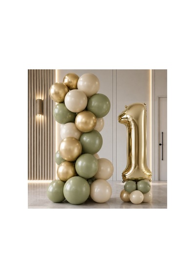 1 Yaş Gold Retro Doğum Günü Seti Küf Yeşili Kum Beji Gold Balonlar Gold Folyo Rakam Parti Süsleme Altın