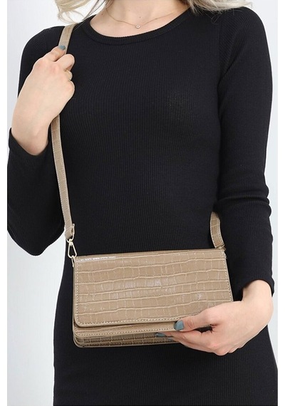 Lovelystore Kroko Desenli 3 Gözlü Günlük Kadın Mini El & Omuz Çantası 24x12 VİZON