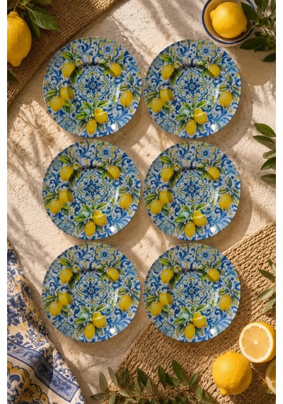 6 Lı Cam Çay Tabağı - Akdeniz Esintili Limon Ve Mavi Çini Desenli 12 Cm - 6 Adet Çay Tabak Sarı