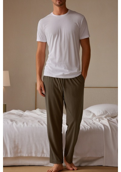 Elemge %100 Pamuk Süprem Erkek Pijama Altı Haki Cepli Rahat Kalıp Relax Fit Lastikli Ipli Terletmez Esnek