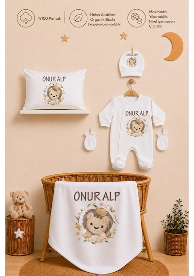 Pia Baby İsme Özel Erkek Bebek Tulum Seti %100 Pamuk Organik Baskılı Yastık Kılıfı Ve Battaniyeli Tulum 2087tybyx Ekru
