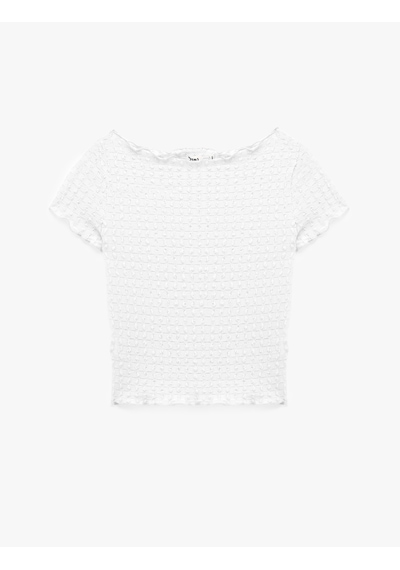 Koton Bürümcük Kumaş Slim Fit Kısa Kollu Omzu Açık Kayık Yaka Bluz Ekru 6sak10364ek