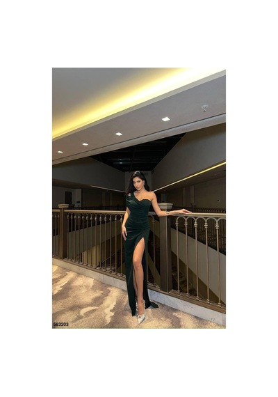 Lior Design Kadın Şık Model Tek Omuz Yırtmaçlı Abiye Elbise Zümrüt