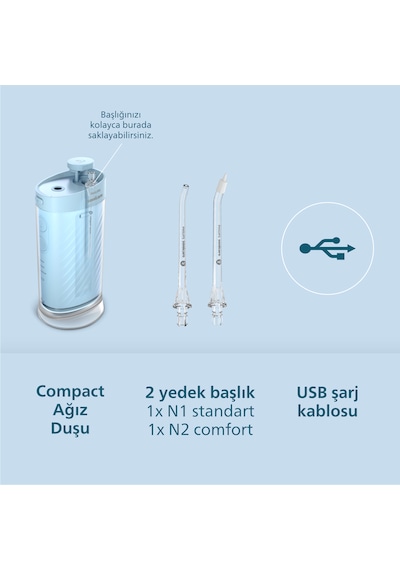 Philips Sonicare Ağız Duşu HX3333/24 - 360° Başlık + Yedek Başlık , 200 Ml, 14 Gün Şarj Süresi , Taşınılabilir
