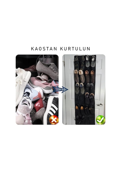 Valkyrie Kapı Arkası Ayakkabı Organizer 24 Gözlü Askılı Dolap İçi Düzenleyici 4 Kancalı Siyah siyah
