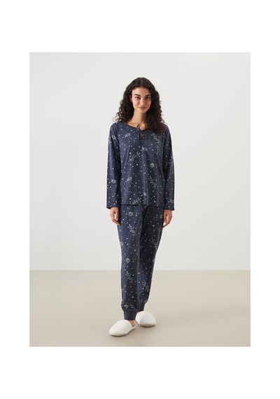 Lcw Dream Lacivert Bağlamalı Yaka Baskılı Kadın Pijama Takımı