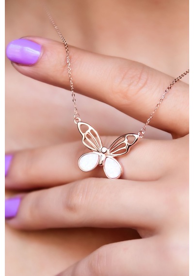 Papatya Silver 925 Ayar Gümüş Rose Kaplama Opal Taşlı Kelebek Kolye