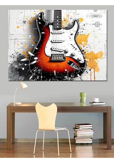 Soyut Renk Sıçramalı Elektro Gitar Dekoratif Kanvas - Mdf Ahşap Tablo