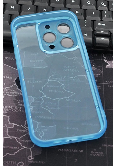 Apple Uyumlu iPhone 14 Pro  Mavi Kenarlı Renkli Yarı Şeffaf Kapak Kılıf Kamera Lens Korumalı Mavi