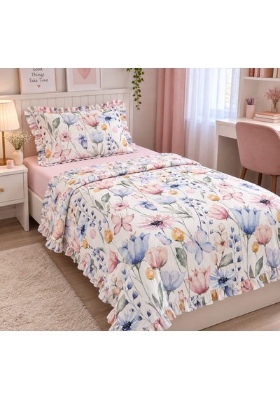 Sallhome Çiçek Bahçesi Desenli Fırfırlı Tek Kişilik Pike Takımı Açık Pembe