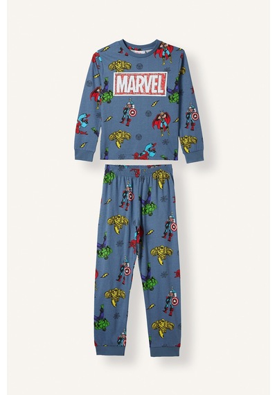 Defacto %100 Pamuk Marvel Comics Baskılı Uzun Kollu Üst Lastikli Paça Alt Pijama Takımı Erkek Çocuk I1327a826aube739 Mavi-be739
