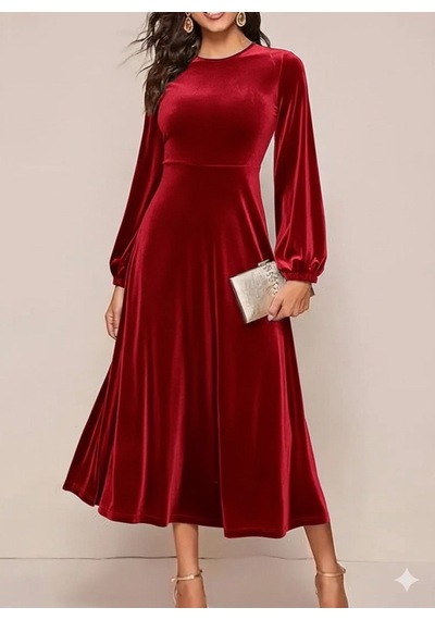 Efnaz Style Kadın Uzun Kollu Bisiklet Yaka Midi Kadife Elbise Bordo