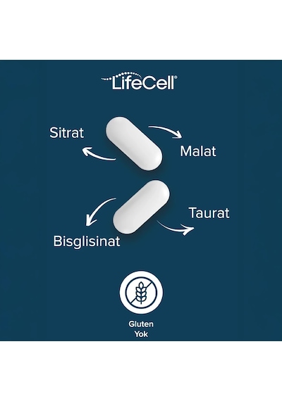 Lifecell Magnezyum Kompleks + Vitamin B6 Taurat - Bisglisinat - Malat - Sitrat İçeren Takviye Edici Gıda 60 Tablet﻿﻿