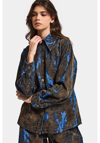 Itsbasic Kadın Kahve Mavi 1s6-15 Oversize Özel Flok Kumaş Tasarım Denim Gömlek