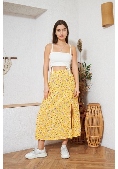 Darlin Moda Sarı Çiçek Desenli Yırtmaçlı Midi Etek DM2014 Sarı