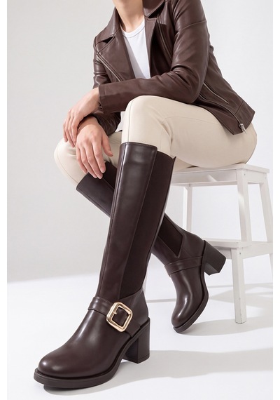 Luvi Shoes South Kahverengi Lastik Detaylı Tokalı Kadın Kalın Topuklu Çizme