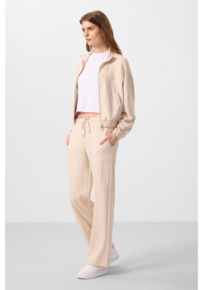 Bej Yumuşak Dokulu Dik Yaka Oversize Lastikli Kadın Eşofman Takım - 95349 Bej